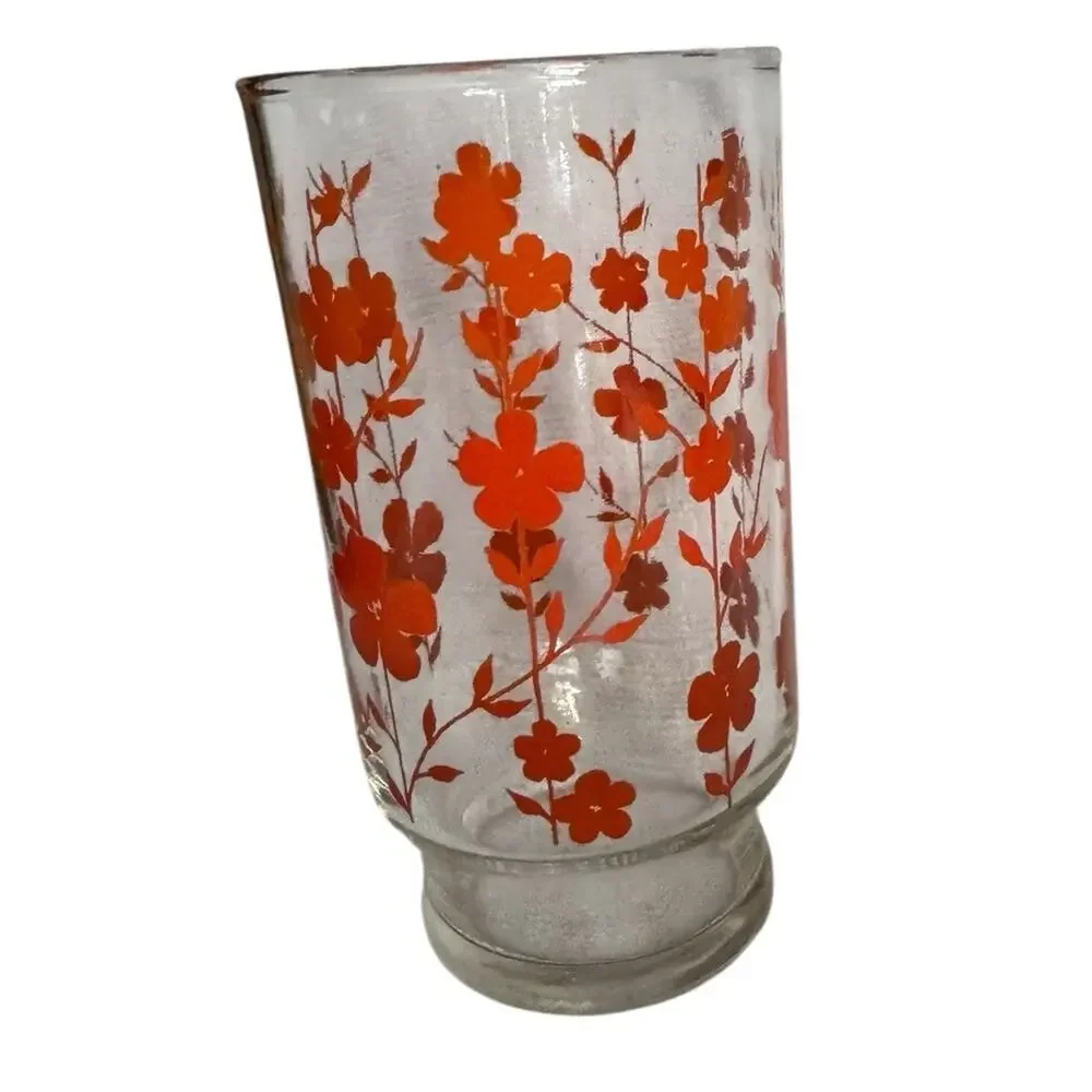 VTG‎ Libby (?) Orange Flower Floral Drinking Glasses (2) Tumbler MCM Cottagecore